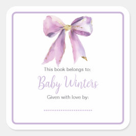 Pegatina Cuadrada Baby Shower Purple Coquette Bow