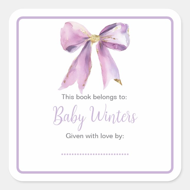 Pegatina Cuadrada Baby Shower Purple Coquette Bow (Anverso)