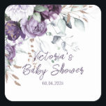 Pegatina Cuadrada Baby Shower Purple Floral Elegante Personalizado<br><div class="desc">Hermosas peonías púrpura, lavanda y blancas y cascada de verduras mezcladas sobre guiones elegantes y fuentes creando este encantador pegatina de ducha de bebé. Para ducha, sello para sobres o decoración. Bonito diseño de flores acuarelas. Muy elegante para un niño o una ducha de bebé chica. Agregue su nombre personal...</div>