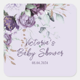 Pegatina Cuadrada Baby Shower Purple Floral Elegante Personalizado