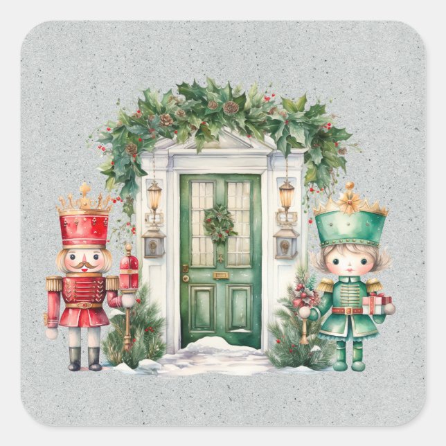 Pegatina Cuadrada Baby Shower Red and Green Nutcracker (Anverso)