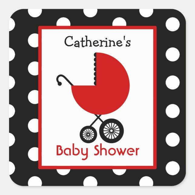 Pegatina Cuadrada Baby Shower Red Carriage & Polka Dots (Anverso)