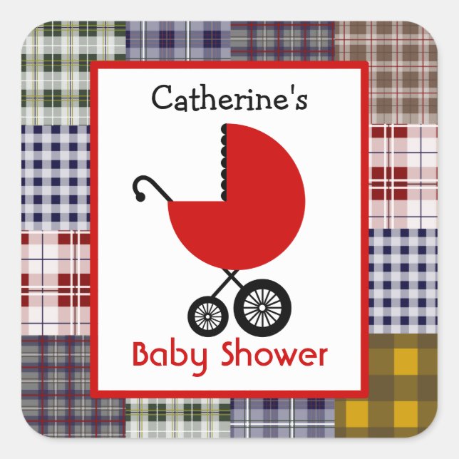 Pegatina Cuadrada Baby Shower Red Carrie & Plaid Patchwork (Anverso)