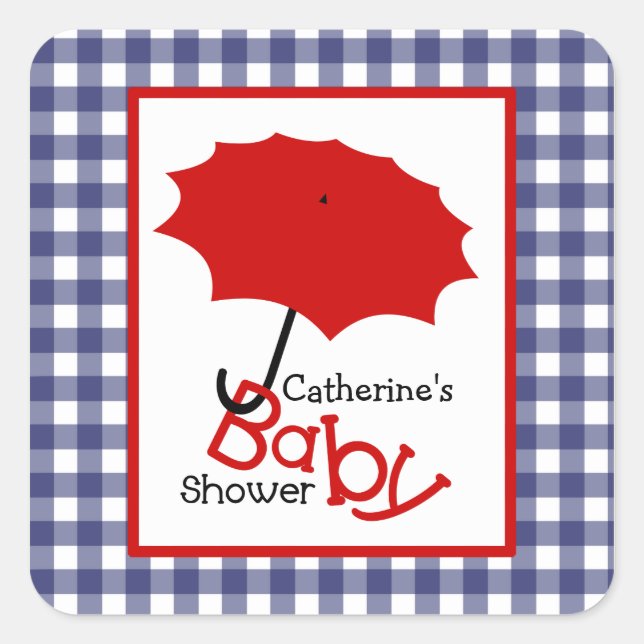 Pegatina Cuadrada Baby Shower Red Umbrella & Blue Gingham (Anverso)