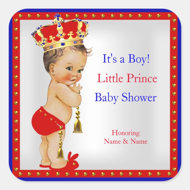 Pegatina Cuadrada Baby Shower Red White Blue Boy Brunette (Anverso)