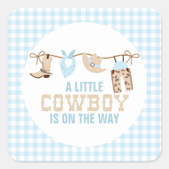 Pegatina Cuadrada Baby Shower Rodeo Western Cowboy (Anverso)