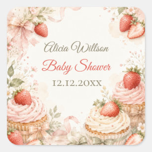 Pegatina Cuadrada Baby Shower Romántico de Fresa