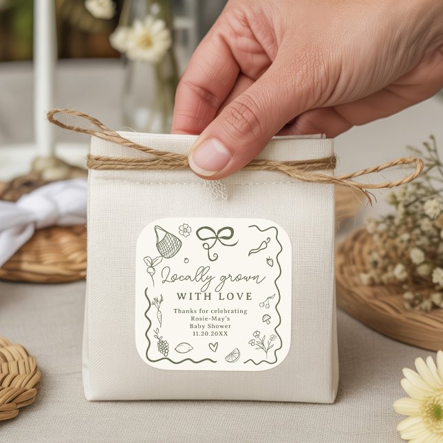 Pegatina Cuadrada Baby Shower Rustic Farmer de producción local (Locally Grown Baby Shower Rustic Farmer’s Market Square Sticker)