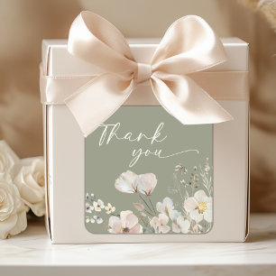 Pegatina Cuadrada Baby Shower Sage Green Wildflower Gracias