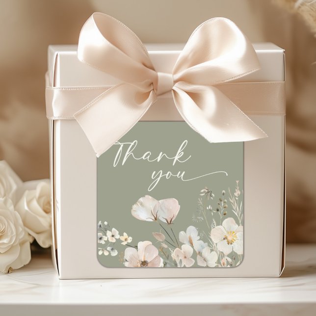 Pegatina Cuadrada Baby Shower Sage Green Wildflower Gracias (Subido por el creador)