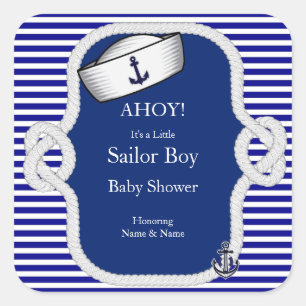 Pegatina Cuadrada Baby Shower Sailor Gorra Boy Blue Stripe