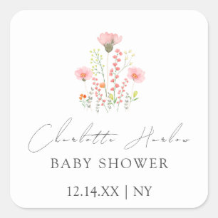 Pegatina Cuadrada Baby Shower Sencillo Elegante Pequeño Flores Silve