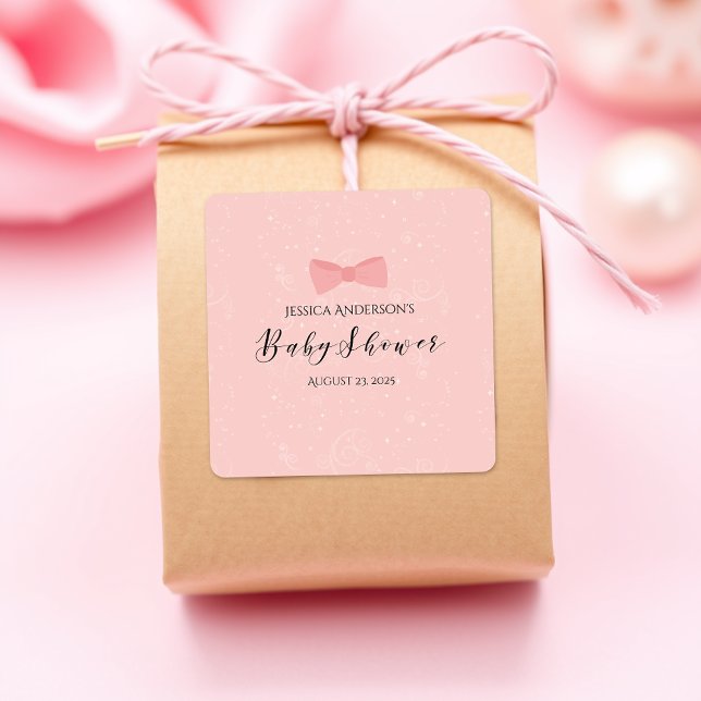 Pegatina Cuadrada Baby Shower Simply Cute Pink Bow (Subido por el creador)