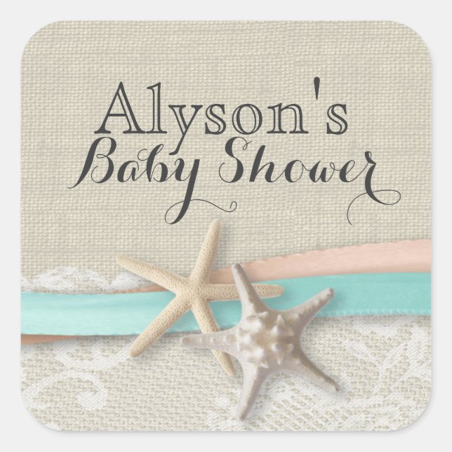 Pegatina Cuadrada Baby Shower Starfish and Ribbon Vintage (Anverso)