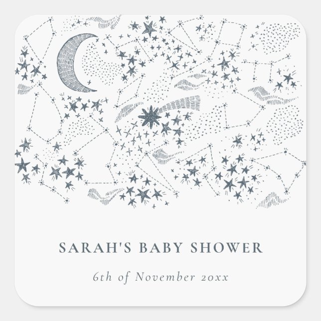 Pegatina Cuadrada Baby Shower Starry Night Moon de la Marina Celesti (Anverso)