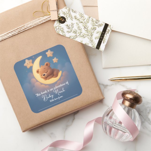 Pegatina Cuadrada Baby Shower Sticker – Teddy Bear on the Moon (Regalar)