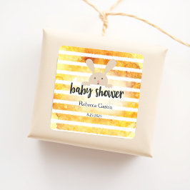 Pegatina Cuadrada Baby Shower Tan Bunny Yellow White Stripe