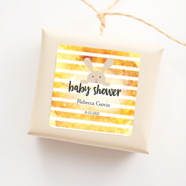 Pegatina Cuadrada Baby Shower Tan Bunny Yellow White Stripe (Subido por el creador)