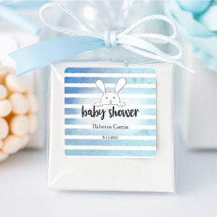 Pegatina Cuadrada Baby Shower Tan White Bunny Blue Stripe
