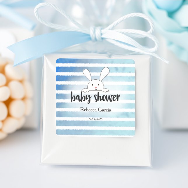 Pegatina Cuadrada Baby Shower Tan White Bunny Blue Stripe (Subido por el creador)