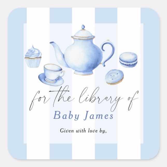 Pegatina Cuadrada Baby shower tema Tea Party para la biblioteca de (Anverso)
