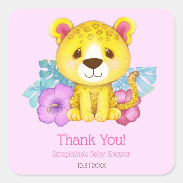 Pegatina Cuadrada Baby Shower Tropical Pink Leopard Gracias (Anverso)