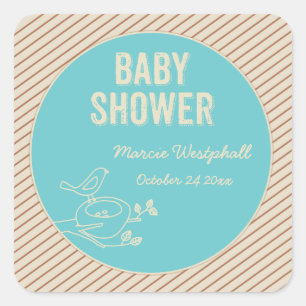 Pegatina Cuadrada Baby Shower turquesa Bird Nest