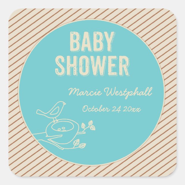 Pegatina Cuadrada Baby Shower turquesa Bird Nest (Anverso)