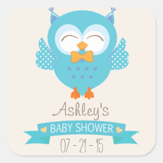 Pegatina Cuadrada Baby Shower Turquoise Blue & Purple Boy Owl