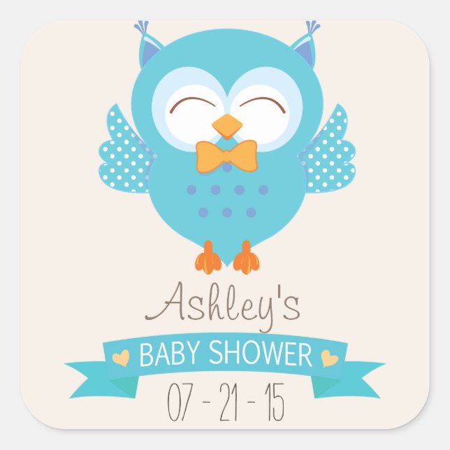 Pegatina Cuadrada Baby Shower Turquoise Blue & Purple Boy Owl (Anverso)