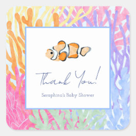 Pegatina Cuadrada Baby Shower Watercolor Coral Reef Gracias