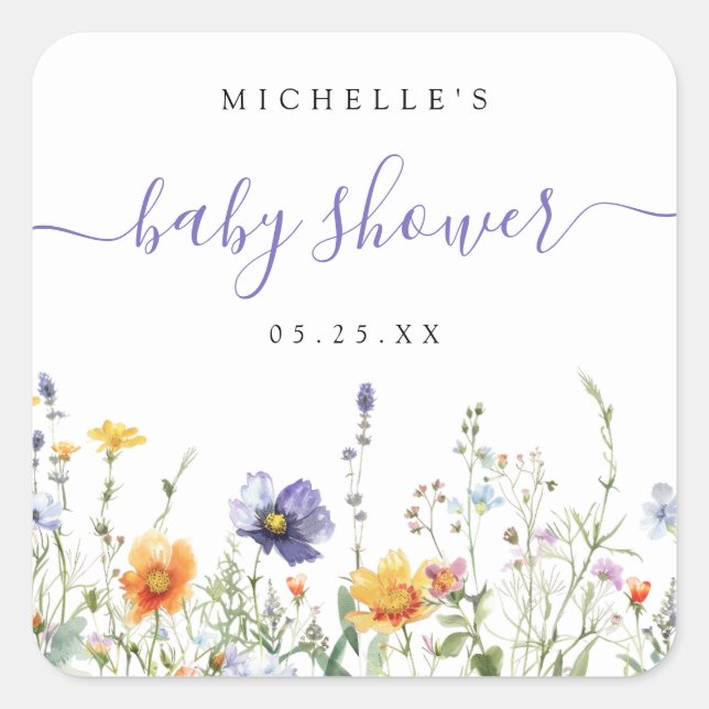 Pegatina Cuadrada Baby Shower Wildflower (Anverso)
