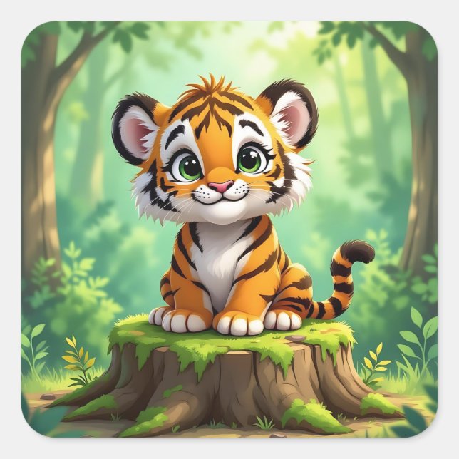 Pegatina Cuadrada Baby Tiger | Cute Cartoon Kid's Nursery Art (Anverso)