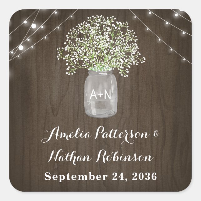 Pegatina Cuadrada Babys Breath Mason Jar Rustic Fairy Lights Boda (Anverso)