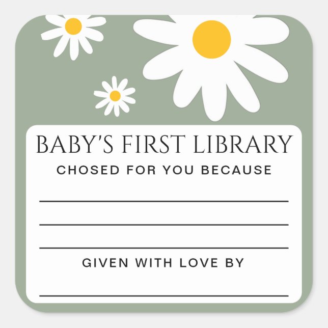 Pegatina Cuadrada Baby's first Library Baby Shower  (Anverso)
