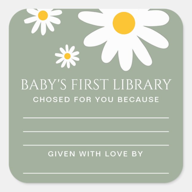 Pegatina Cuadrada Baby's first Library Baby Shower  (Anverso)