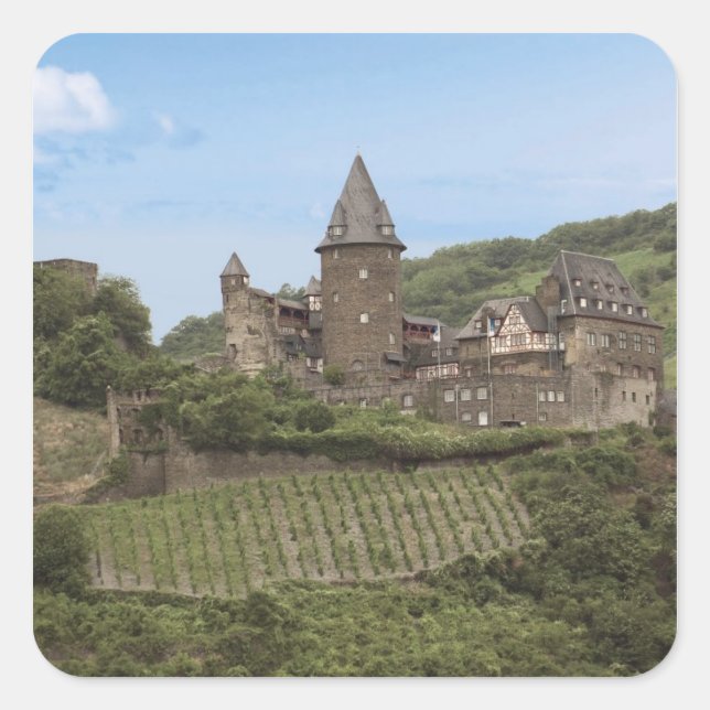 Pegatina Cuadrada Bacharach, Alemania, castillo de Stahleck, palacio (Anverso)