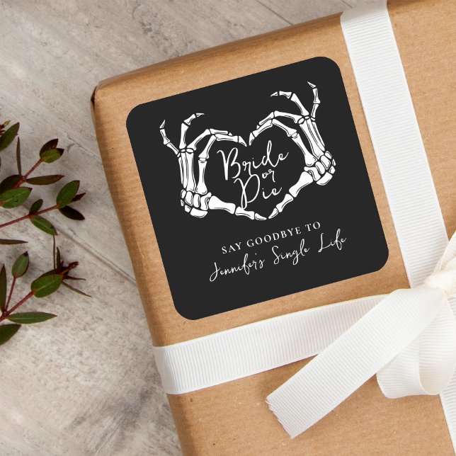 Pegatina Cuadrada Bachelorette Party Bride or Die Skeleton Heart (Subido por el creador)