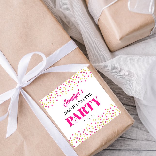 Pegatina Cuadrada Bachelorette Party Glam Pink Gold Dots (Subido por el creador)
