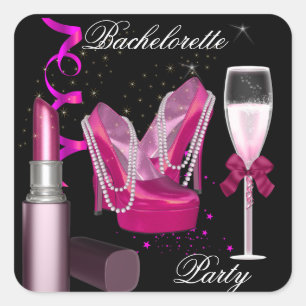 Pegatina Cuadrada Bachelorette Party Lipstick zapatos rosados Champa