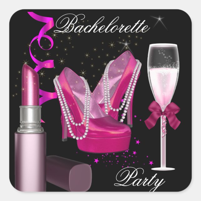 Pegatina Cuadrada Bachelorette Party Lipstick zapatos rosados Champa (Anverso)