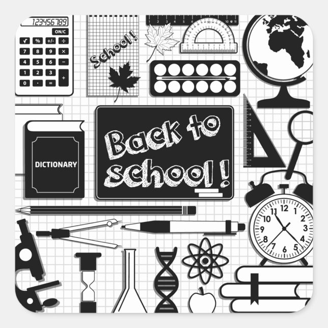 Pegatina Cuadrada Back To School Sticker (Stickers featuring various school-related items in black and white. )