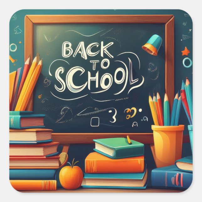 Pegatina Cuadrada Back to School Teacher Welcome Blackboard Books  (Anverso)