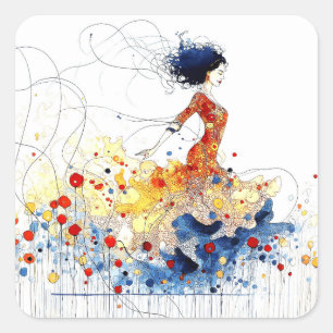 Pegatina Cuadrada Bailarín de Flamenco en Movimiento Multicolor Fluy