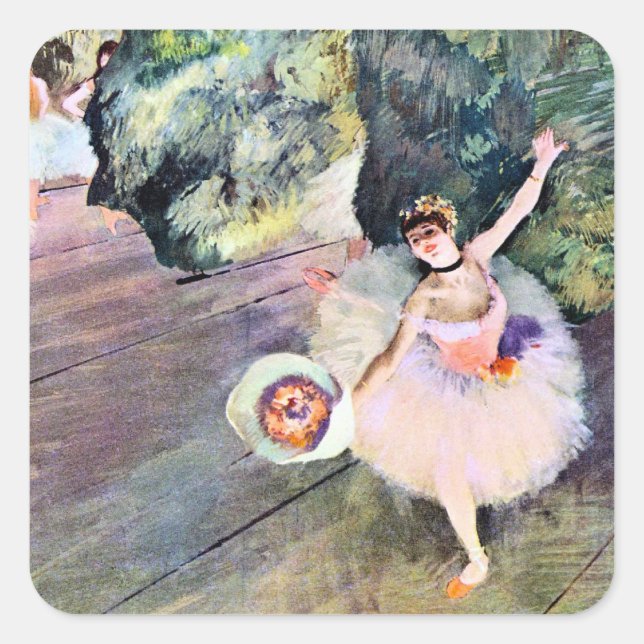 Pegatina Cuadrada Bailarina con un ramo de flores por Edgar Degas (Anverso)