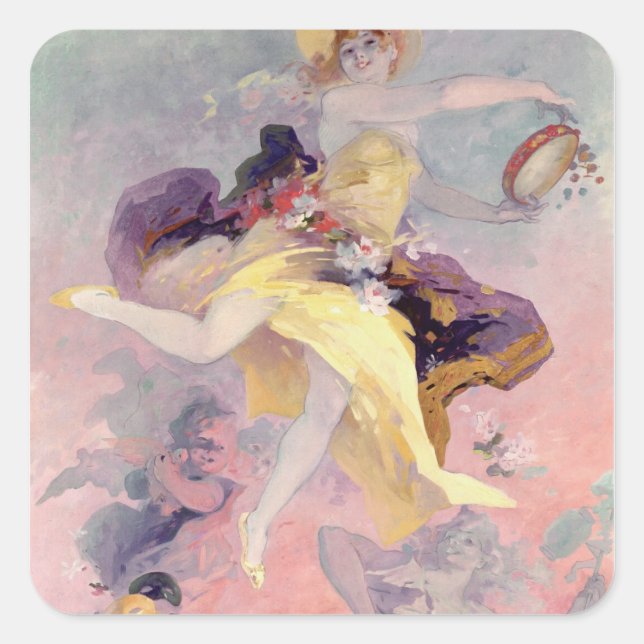 Pegatina Cuadrada Bailarina con un Tambourine vasco (Anverso)
