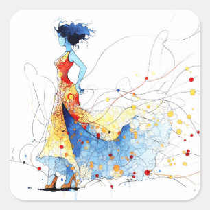 Pegatina Cuadrada Bailarina de Flamenco Acuarela – Alegría en Movimi