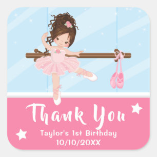 Pegatina Cuadrada Bailarina de pelo castaño Cumpleaños rosa Gracias 