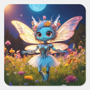 Pegatina Cuadrada Bailarina Robot Pixie Bailando en las Flores Silve