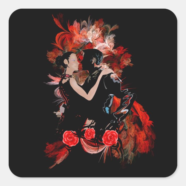 Pegatina Cuadrada Bailarinas románticas de tango sobre fractal rojo (Anverso)